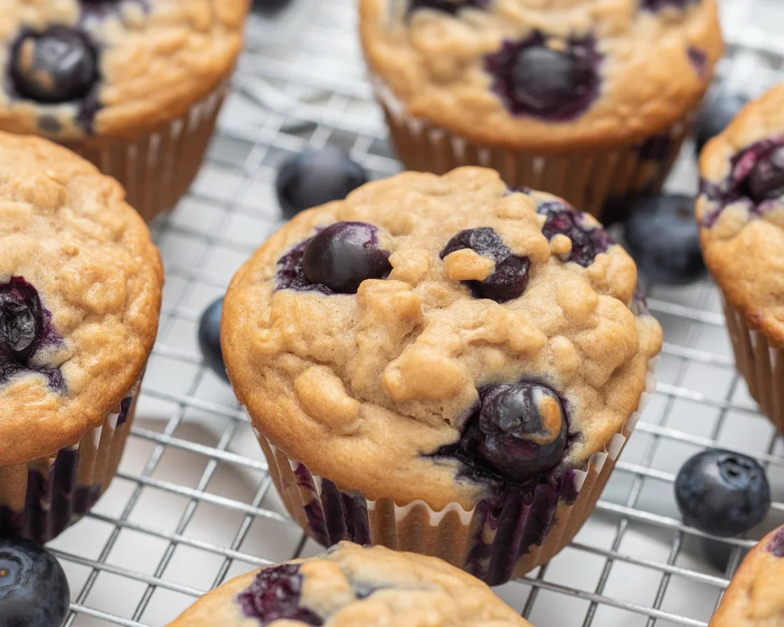 Freshly baked Banana Blueberry Oatmeal Muffins with blueberries and oats
