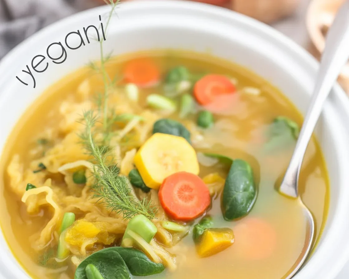 Bowl of warming Spaghetti Squash Soup topped with herbs and spices, perfect for winter.