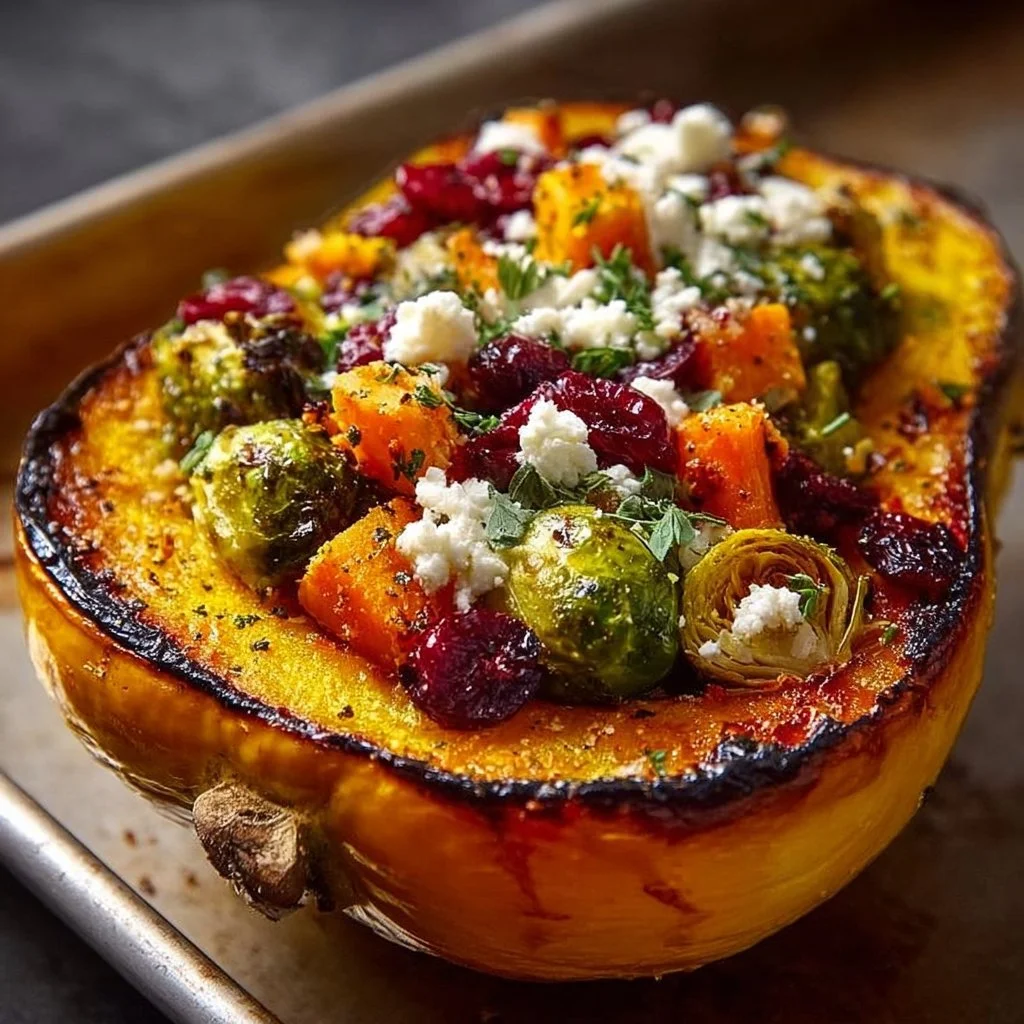 Delicious honey roasted butternut squash and Brussels sprouts in a serving dish