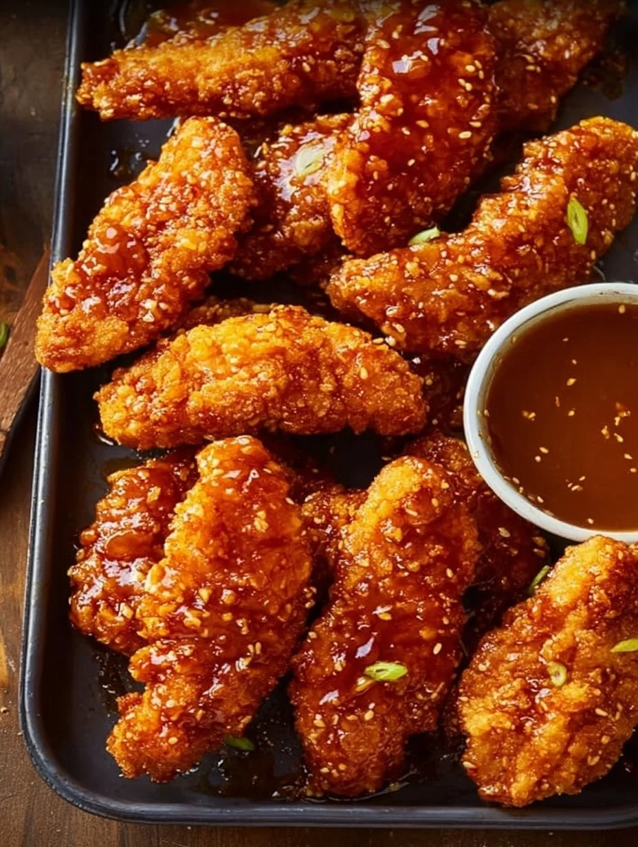 Crispy hot honey chicken tenders drizzled with sweet and spicy honey sauce