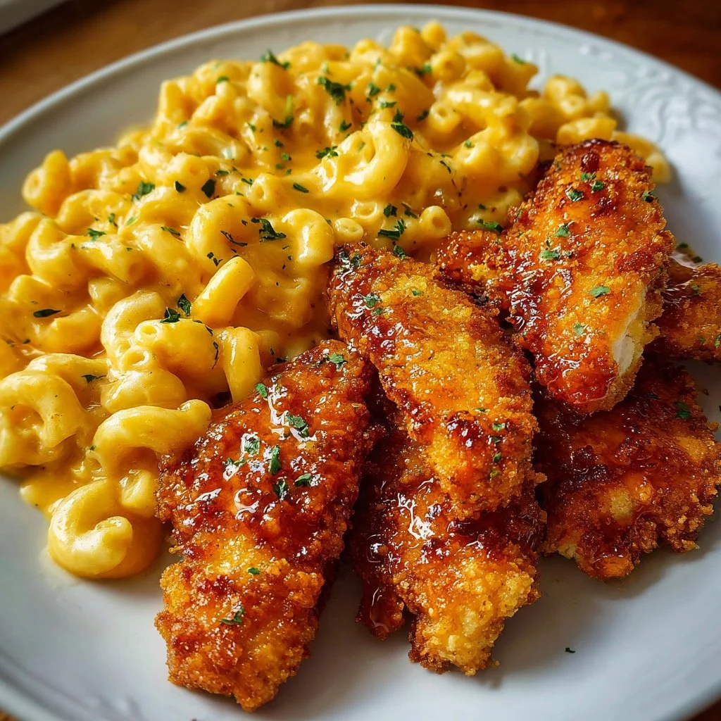 Hot Honey Chicken Tenders with a side of baked mac and cheese