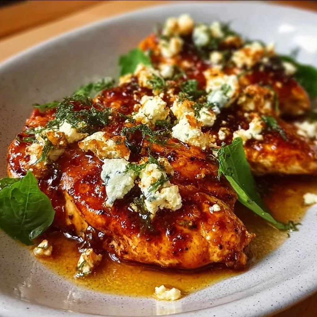 Hot Honey Infused Feta Chicken served on a plate garnished with herbs