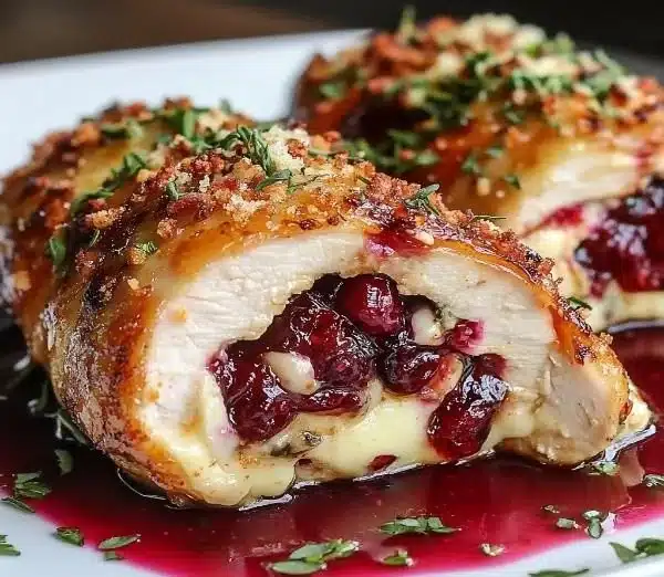 Cranberry brie stuffed chicken served on a plate with fresh herbs.