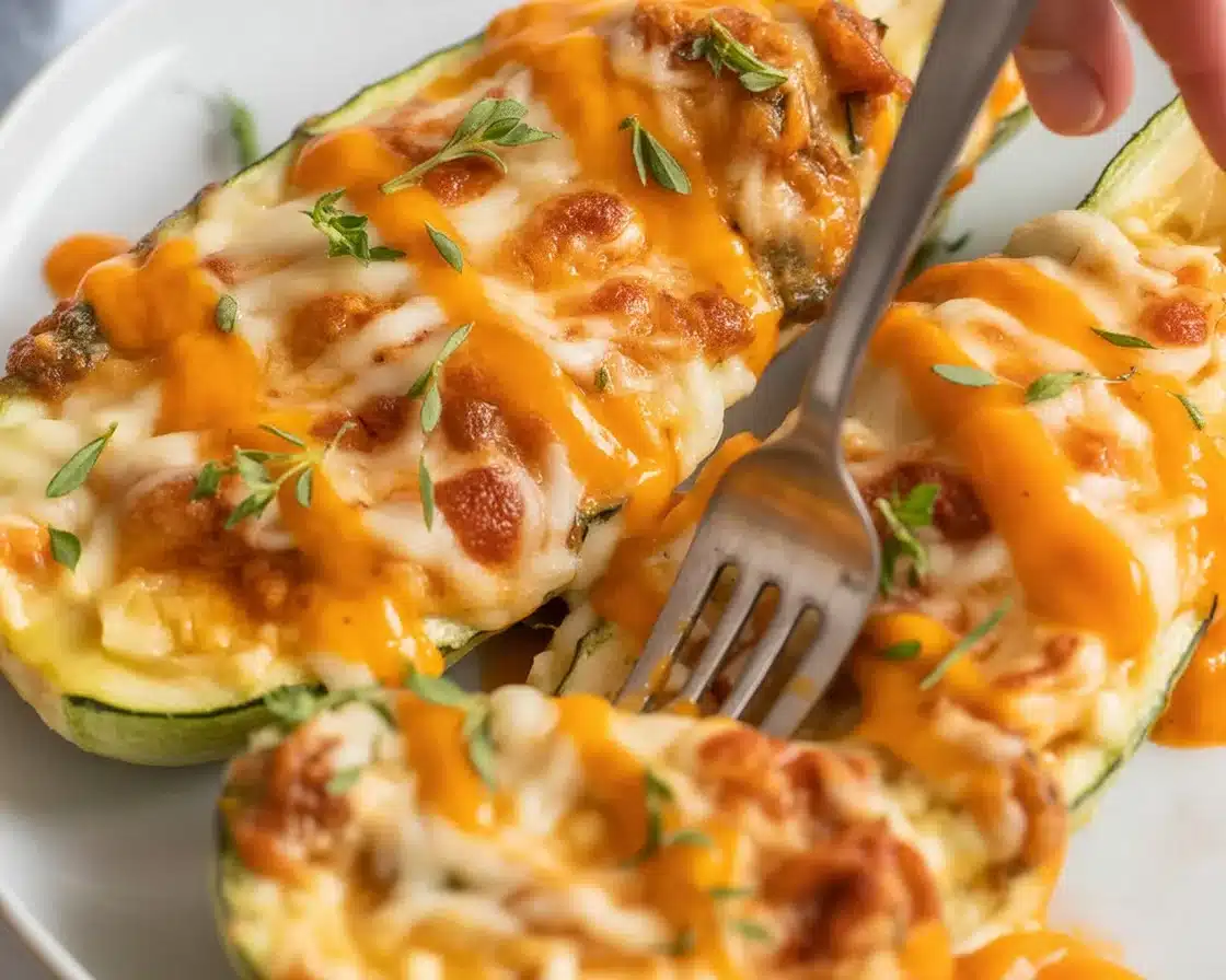 Cheesy Buffalo Chicken Zucchini Boats topped with cheese and spicy buffalo sauce, low-carb and high-protein.