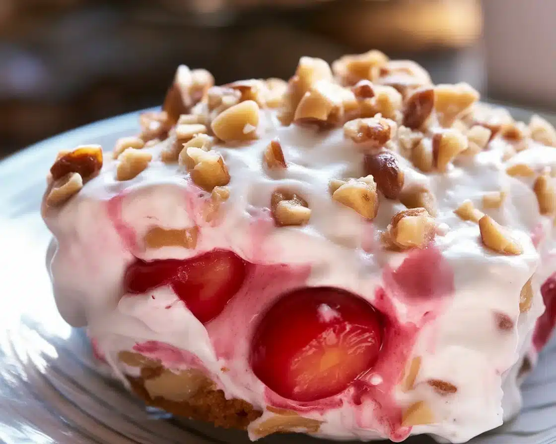 Delicious Cherry Pecan Cheesecake Lush layered dessert with cherries and pecans.