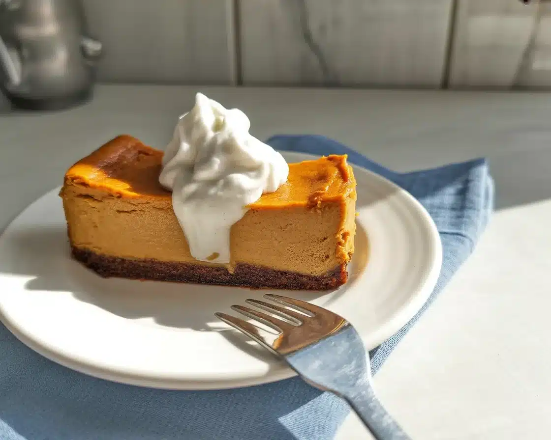 Pumpkin Spice Gooey Cake topped with whipped cream and pumpkin garnish