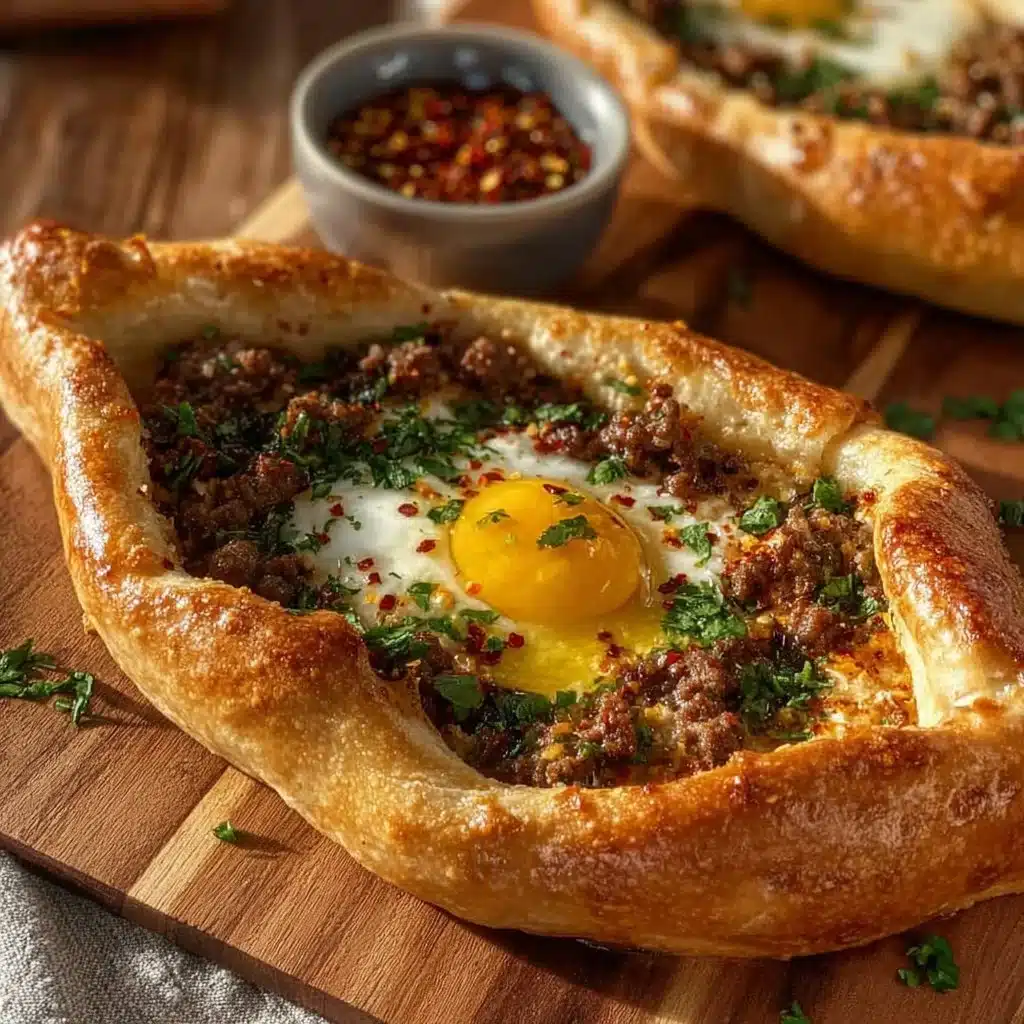 Irresistible Turkish Pide topped with spiced turkey and a perfectly cooked egg.