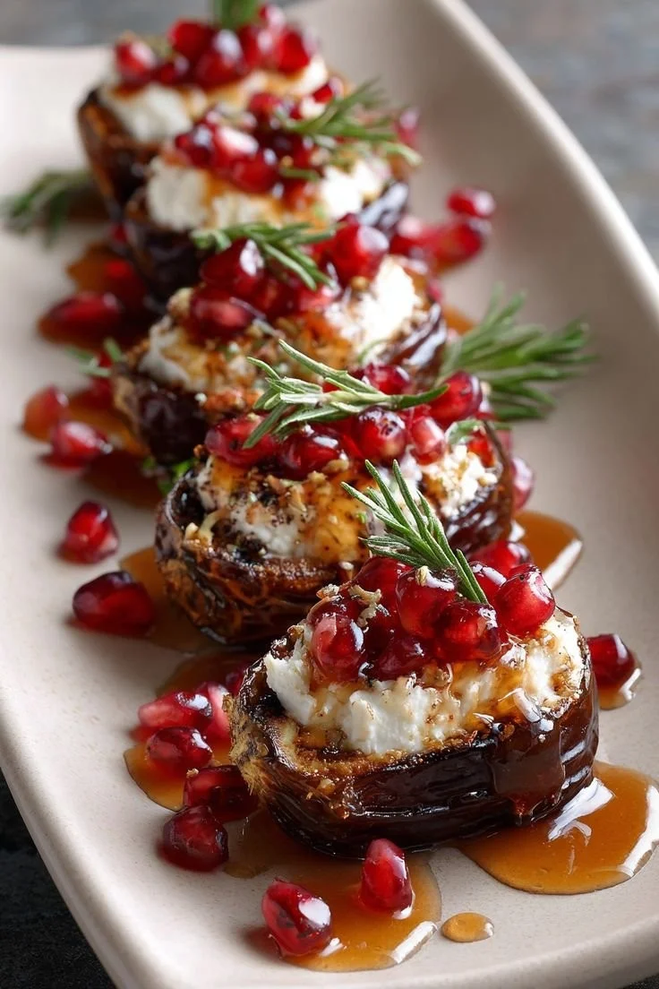 Delicious mascarpone stuffed dates served on a platter