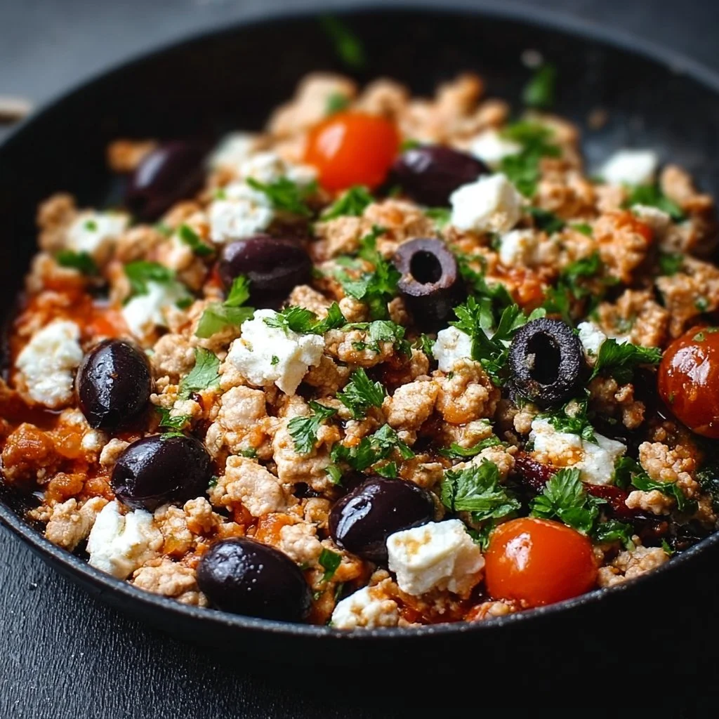 Mediterranean Keto Ground Chicken Skillet atop a rustic wood table