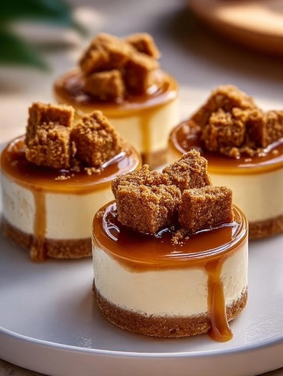 Delicious mini Biscoff cheesecakes topped with caramel and cookie crumbles