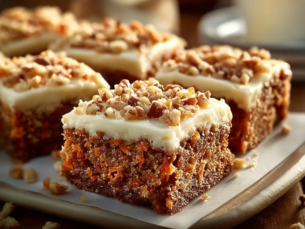 Deliciously moist Amish carrot cake served with cream cheese frosting.