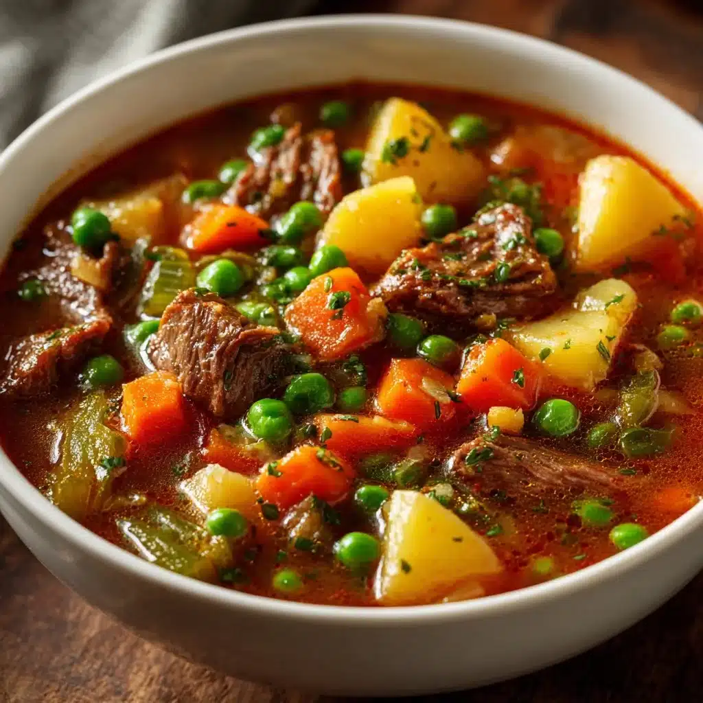 Bowl of Mom's Old-Fashioned Vegetable Beef Soup with fresh vegetables