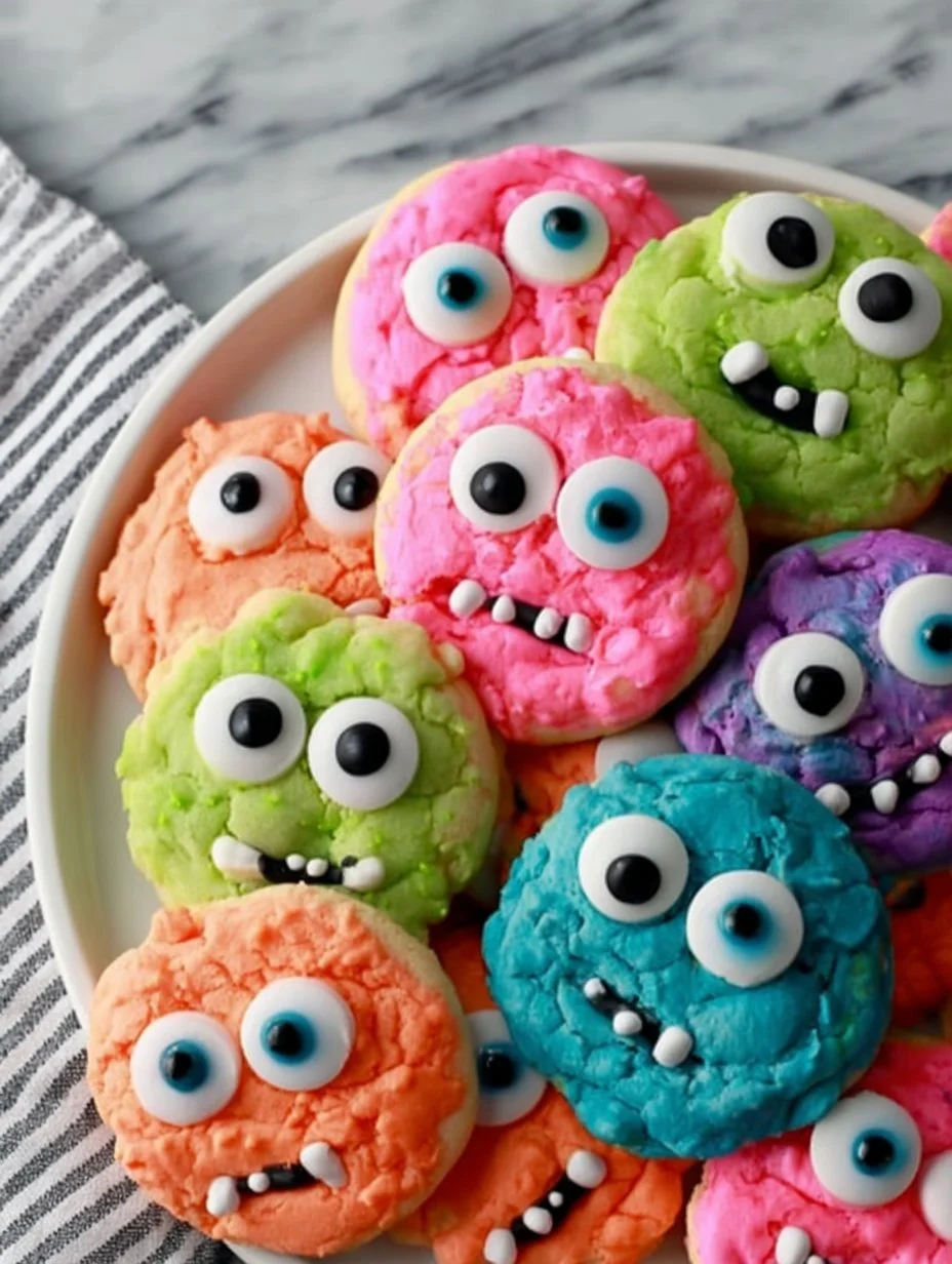 Delicious Monster Cake Mix Cookies decorated with colorful treats