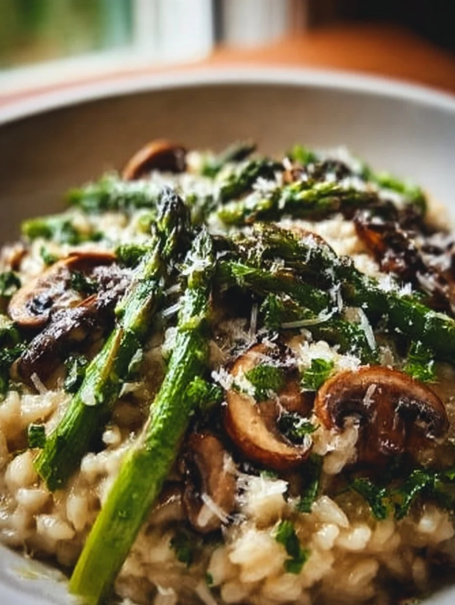 Delicious Mushroom and Asparagus Risotto served in a bowl