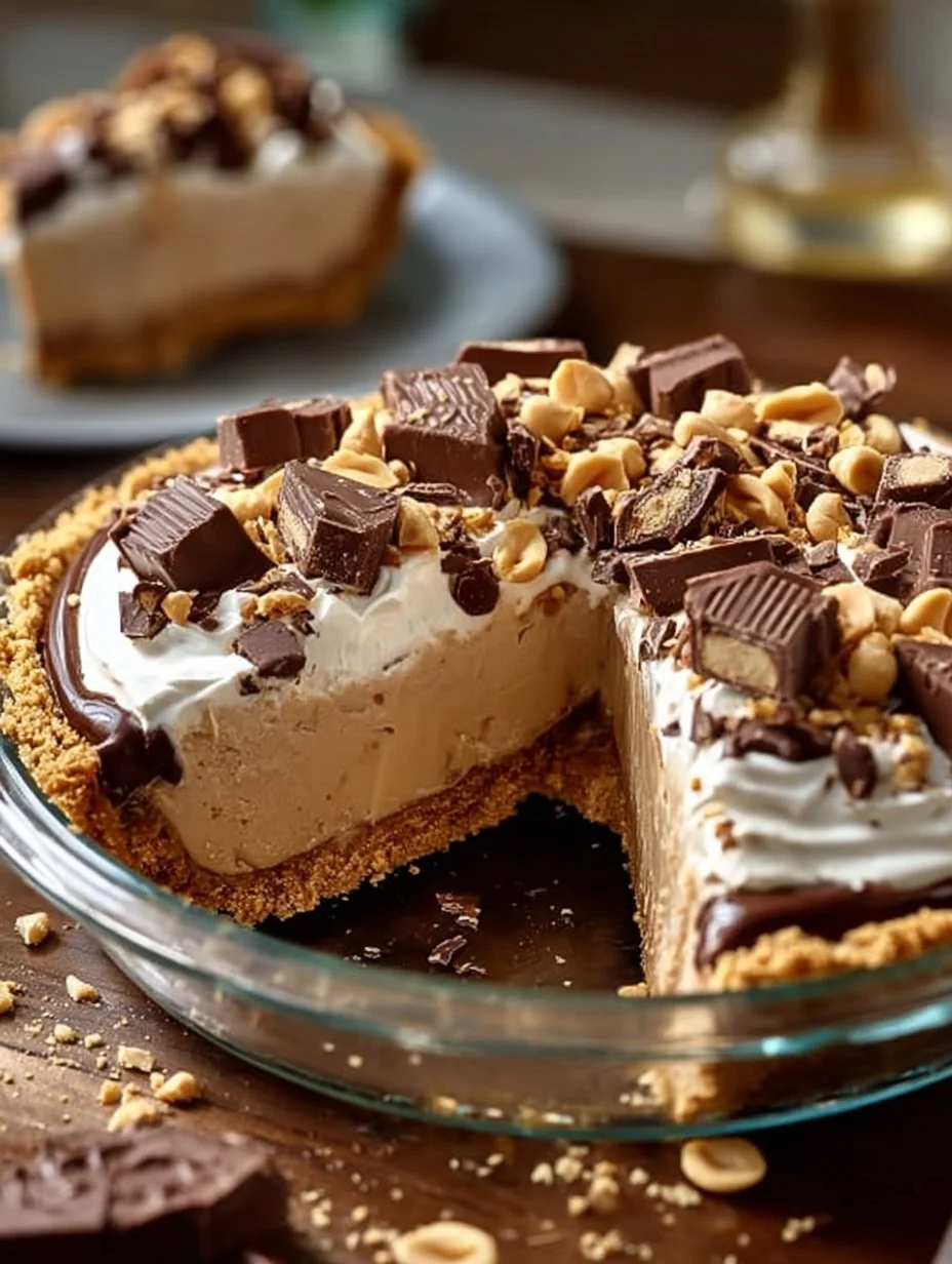 No-Bake Cream Cheese Peanut Butter Pie topped with chocolate drizzle