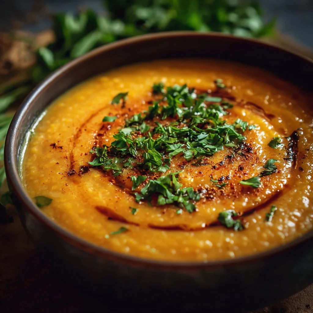 Creamy carrot lentil soup served in a bowl, garnished with herbs.