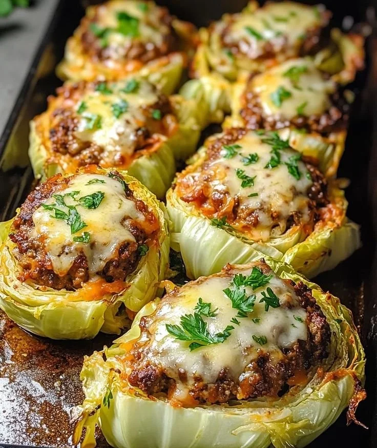 Oven-baked cabbage burgers served on a plate with fresh toppings