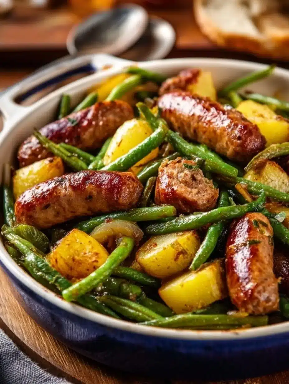 Plate of oven-roasted sausage with colorful vegetables