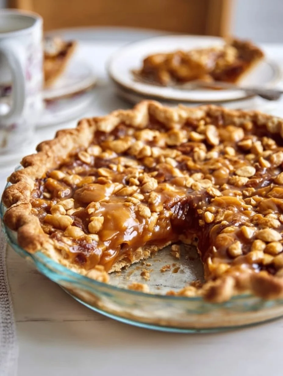 Delicious Payday Pie topped with caramel and nuts for a sweet treat