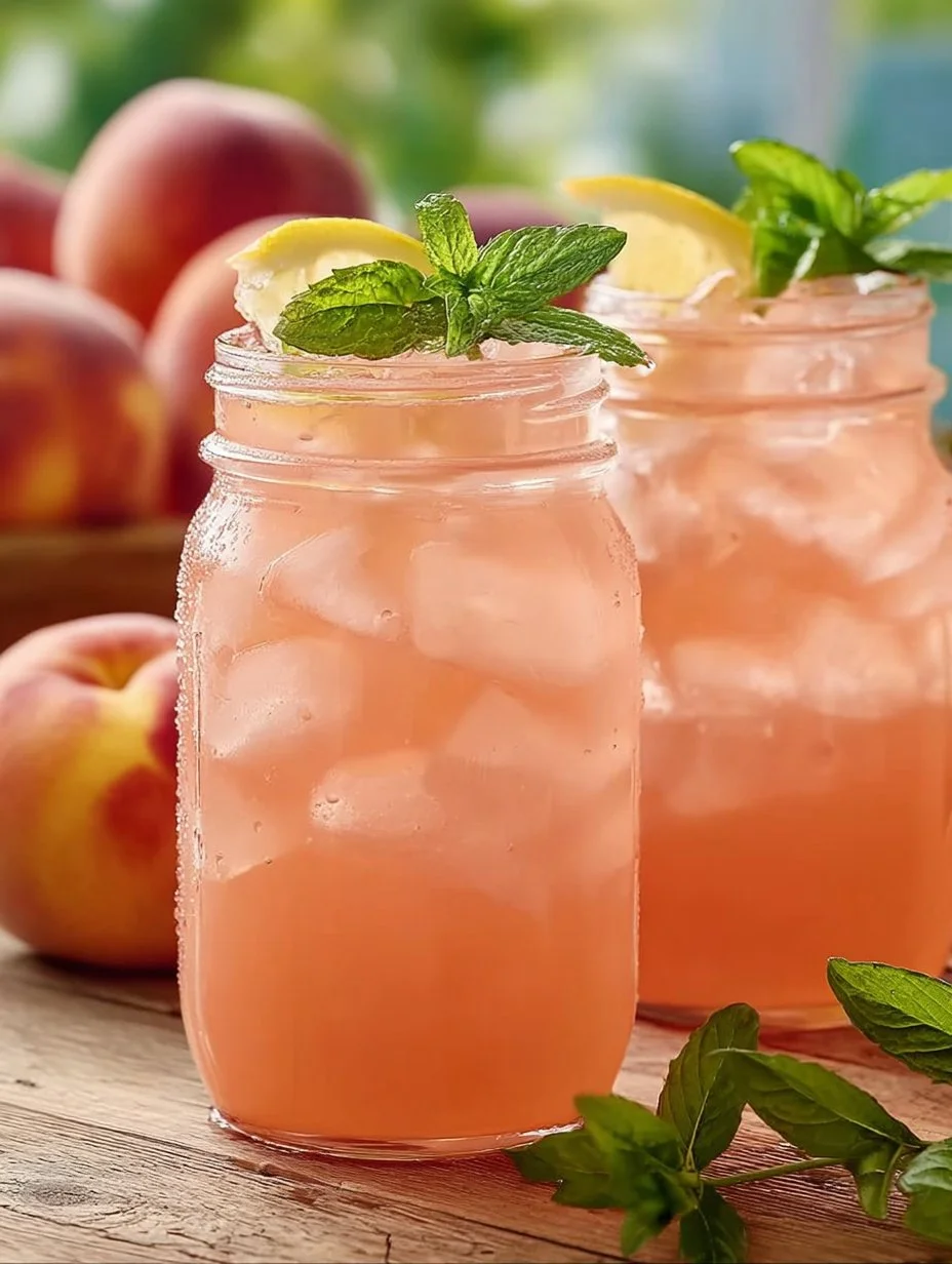 Refreshing pitcher of peach lemonade served in a glass with fresh peaches.