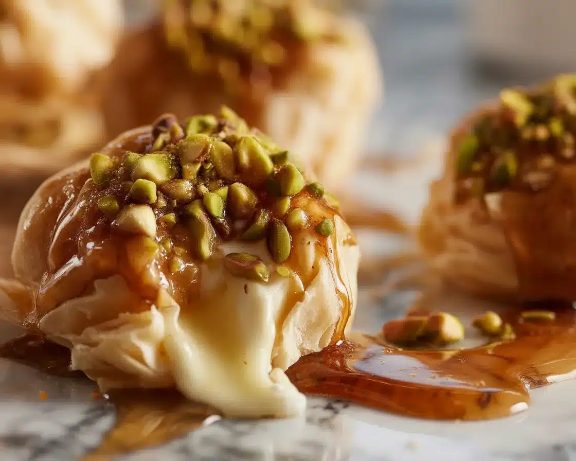 Delicious Pistachio-Crusted Brie Bites topped with Fig Honey Glaze, perfect for appetizers.