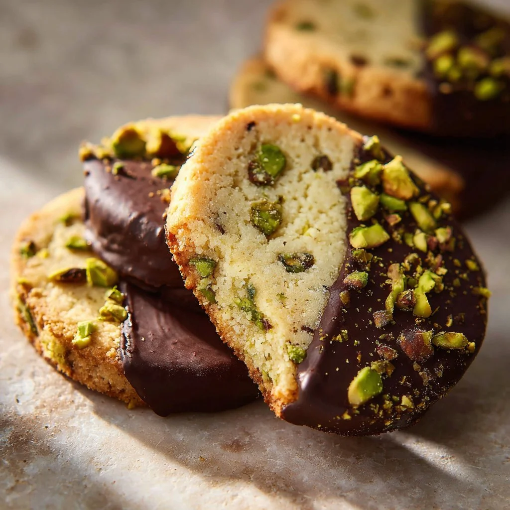 Delicious homemade pistachio shortbread cookies on a wooden plate