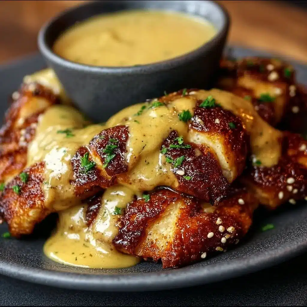 Plate of Pretzel Chicken served with mustard sauce
