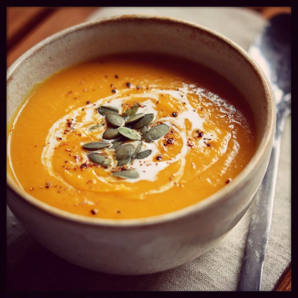 Bowl of pumpkin and sweet potato soup garnished with herbs