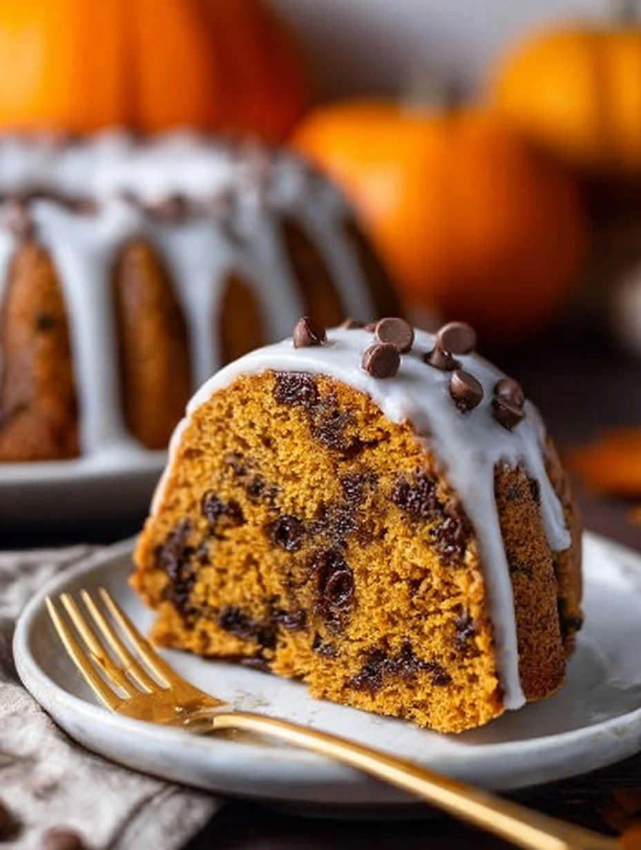 A delicious pumpkin bundt cake with chocolate chips, topped with a glaze.