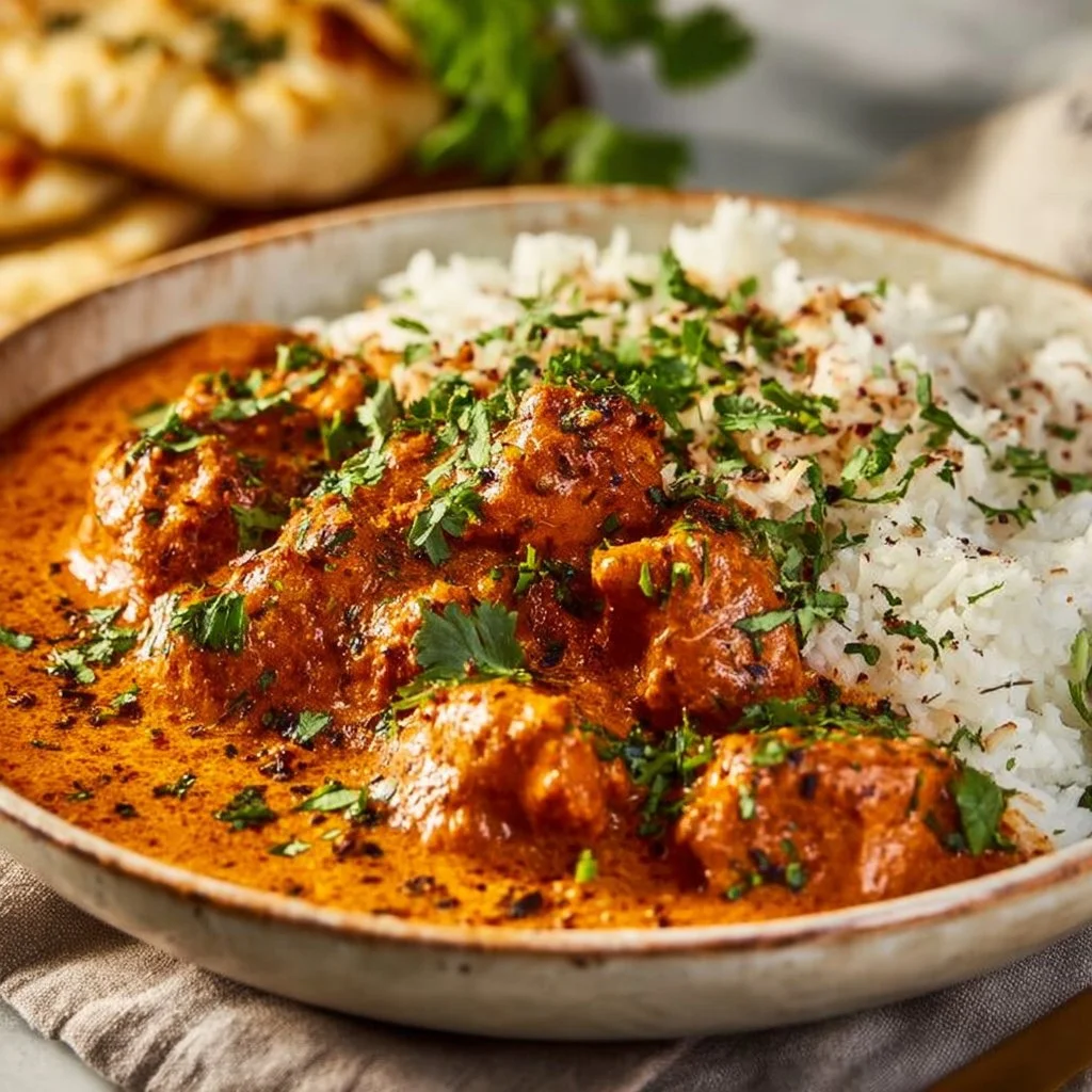 Delicious Pumpkin Butter Chicken served with rice and garnished with herbs