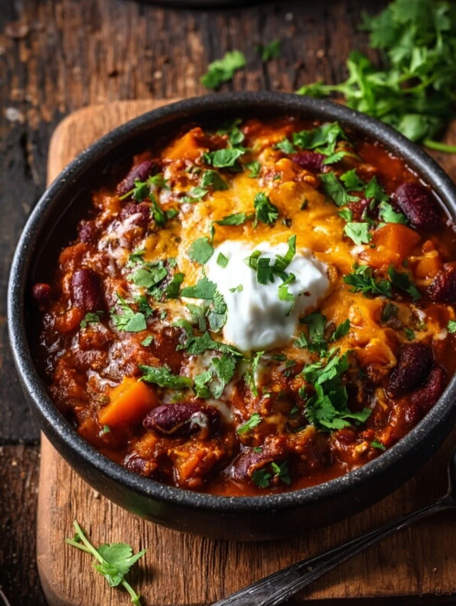 Bowl of hearty Pumpkin Chili topped with fresh herbs