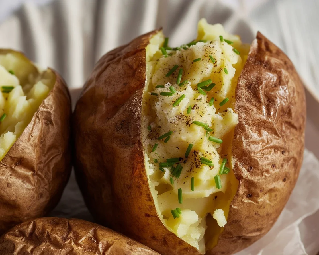 Crispy air fryer baked potatoes with fluffy interior after microwaving first.