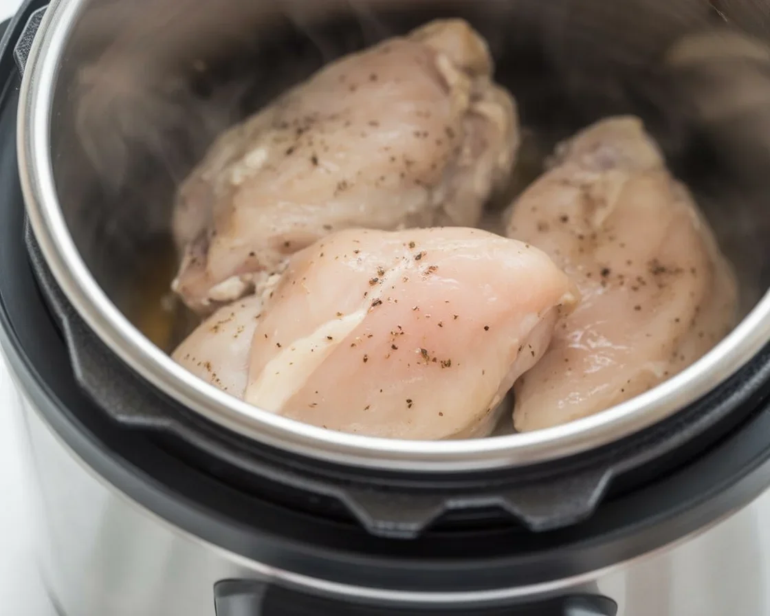 Frozen chicken breast cooked in an Instant Pot with seasoning and broth