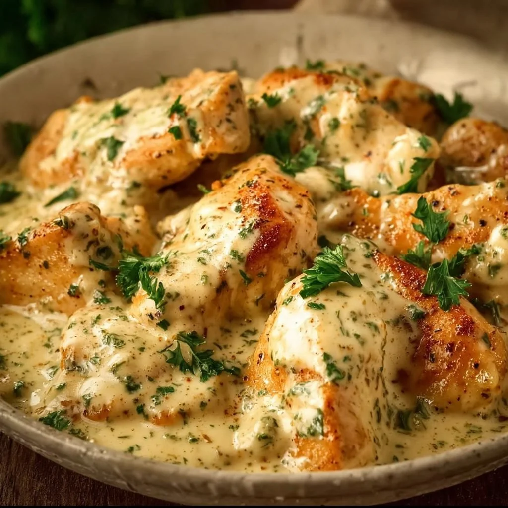 Delicious Ranch Chicken made in a crock pot with herbs and spices.