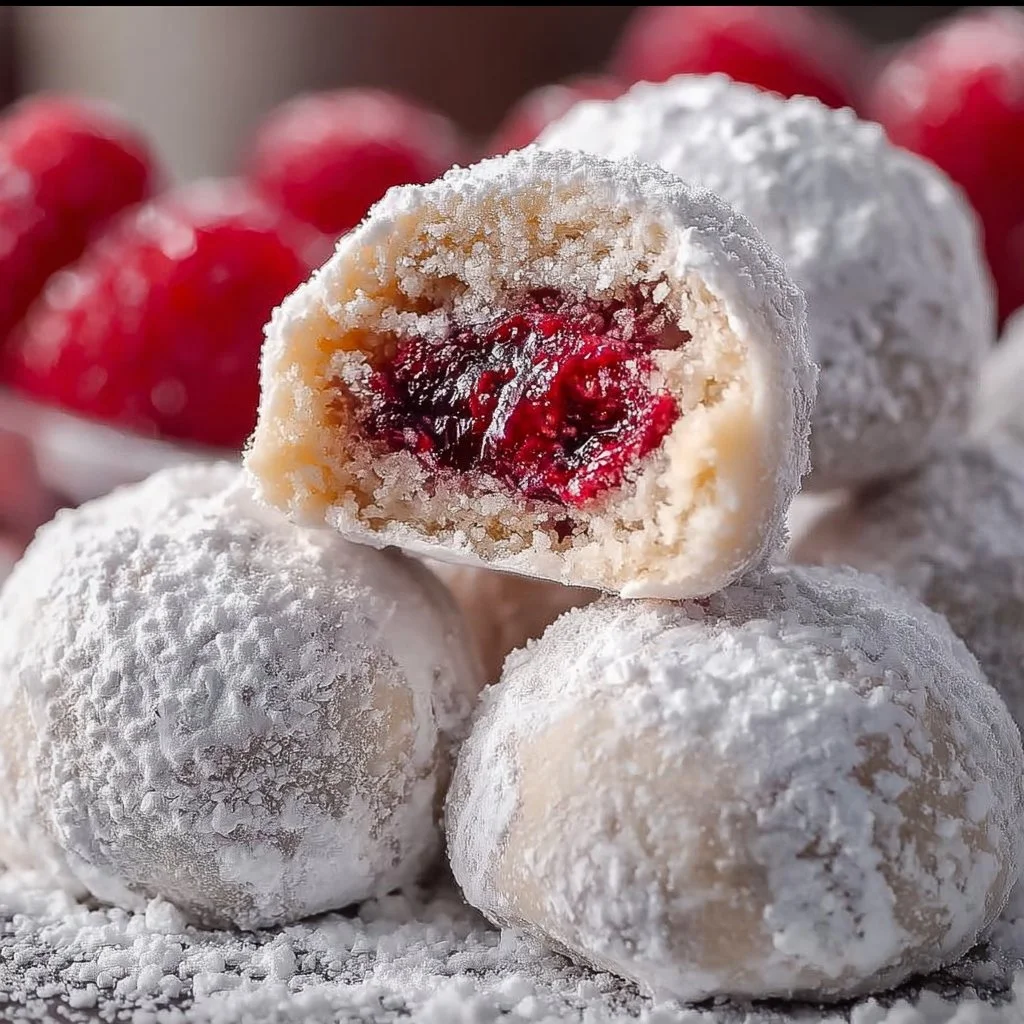 Raspberry-Filled Almond Snowball Cookies on a plate