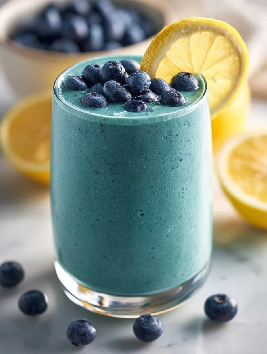 Refreshing lemon-blueberry smoothie in a glass with fresh blueberries and lemon slices