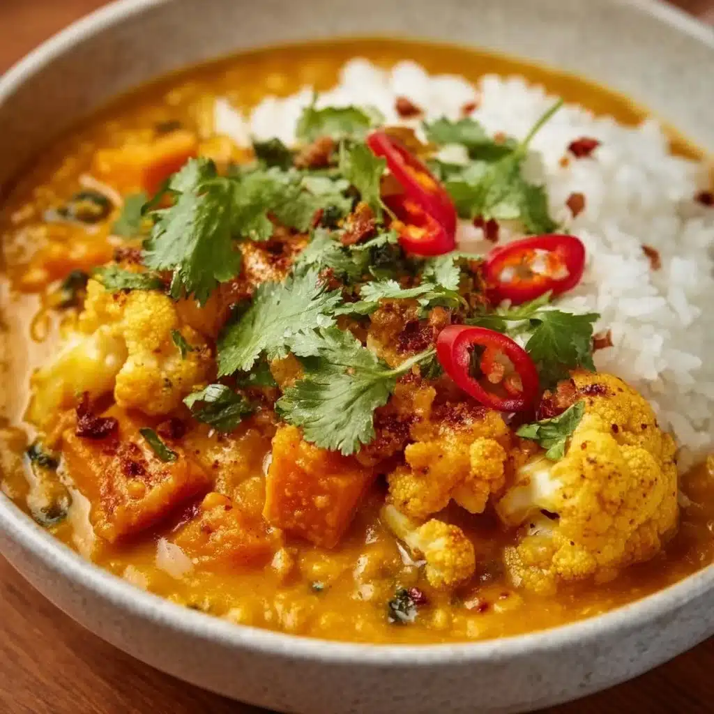 Bowl of Roast Cauliflower and Sweet Potato Dal with spices.