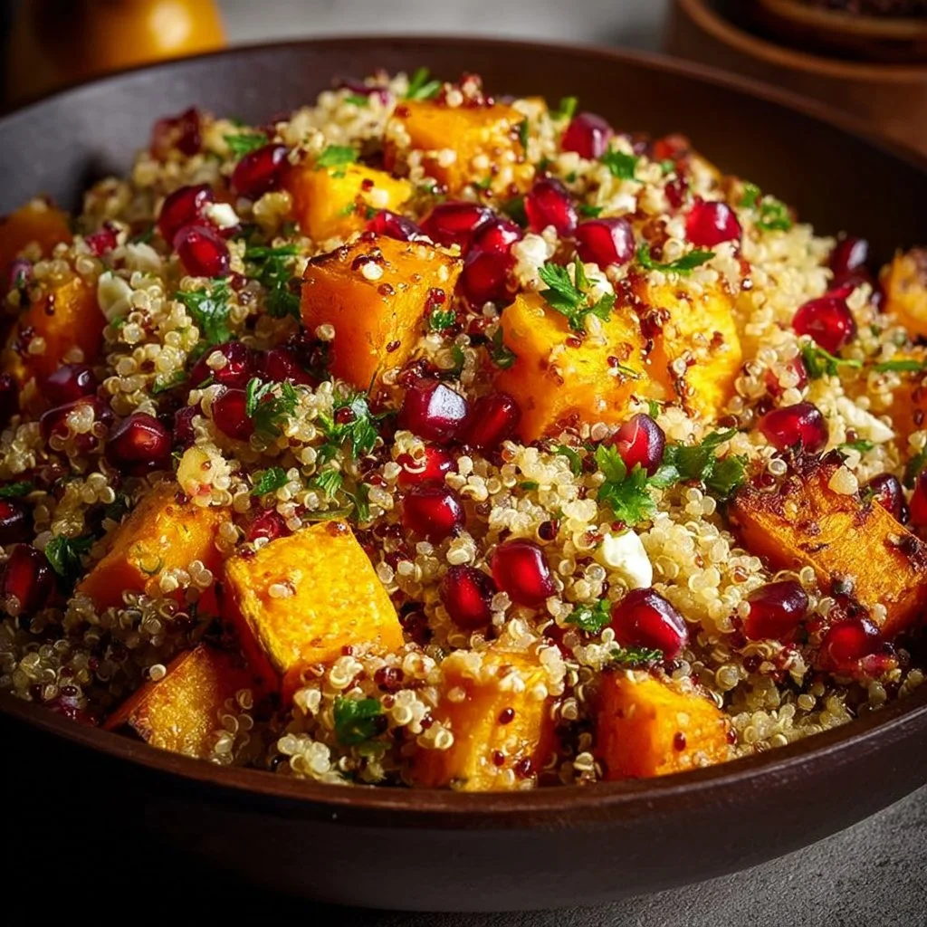 Roasted Butternut Squash Quinoa Salad with vibrant vegetables and garnishes.
