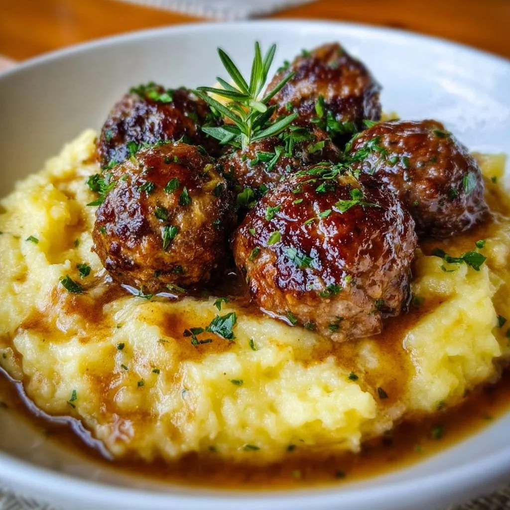 Salisbury steak meatballs served with garlic herb mashed potatoes