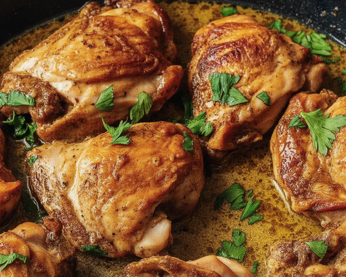 Delicious Chicken Thighs with Creamy Mustard Sauce served in a skillet.