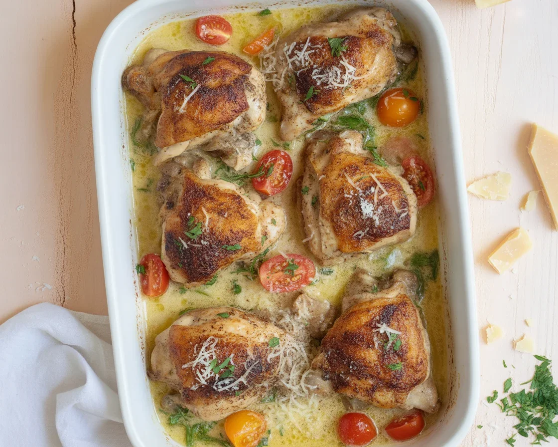 Creamy Hot Honey Chicken Orzo Bake served in a warm casserole dish