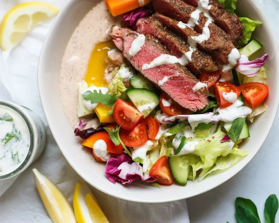 Delicious Mediterranean steak bowl with grilled steak, fresh veggies, and hummus.