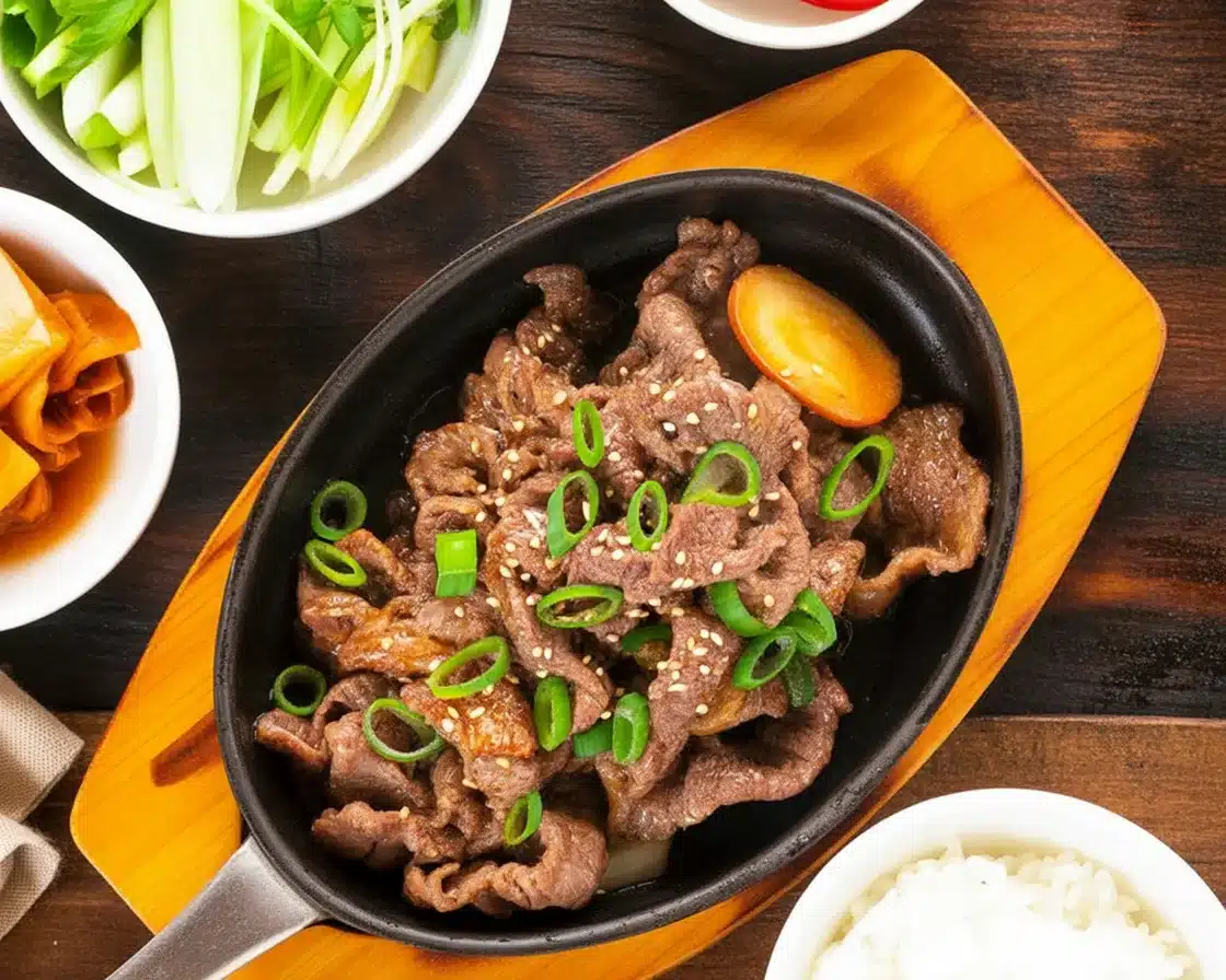 Plate of Bulgogi Korean BBQ Beef served with rice and garnished with vegetables.