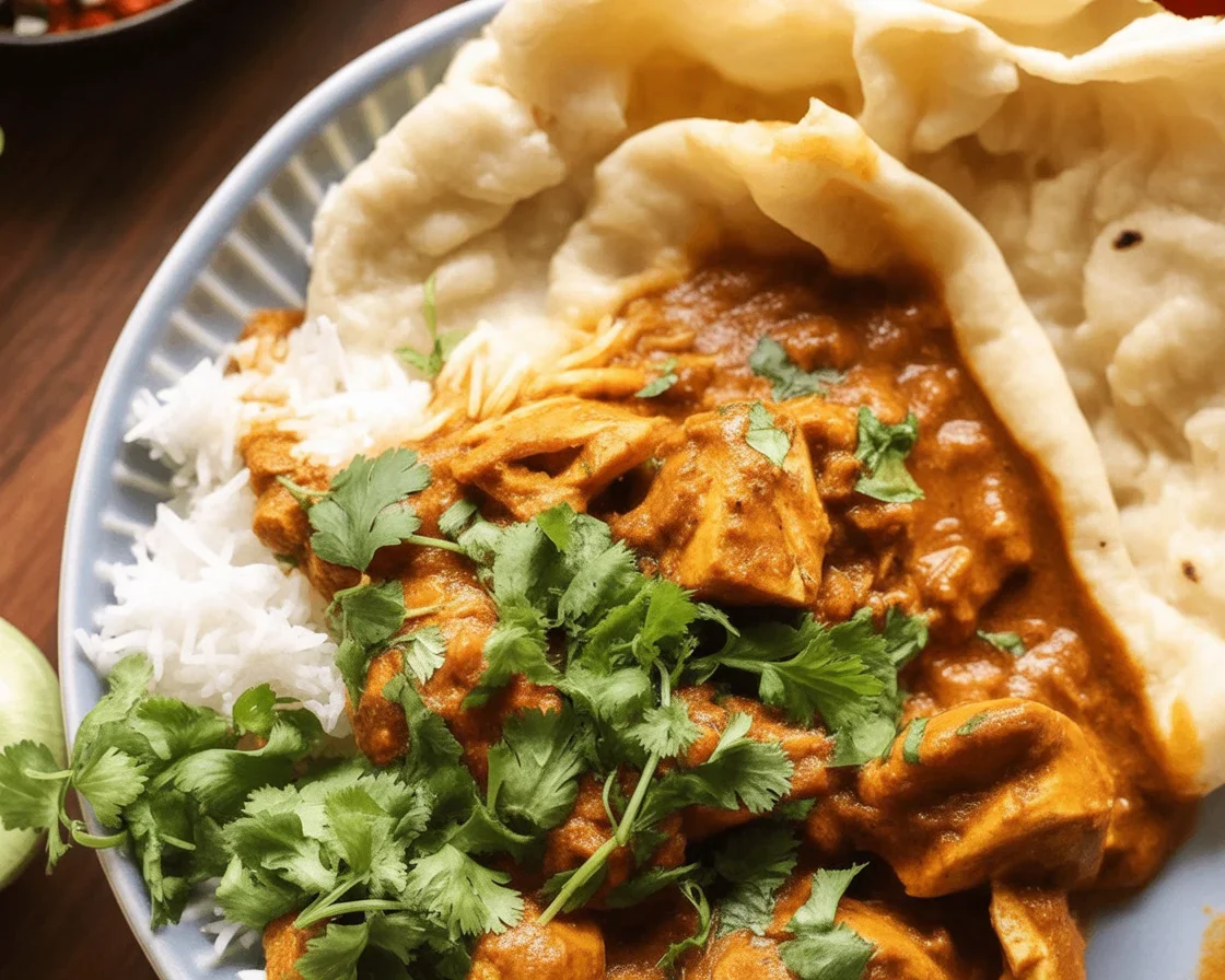Delicious chicken butternut squash curry in a bowl garnished with fresh herbs