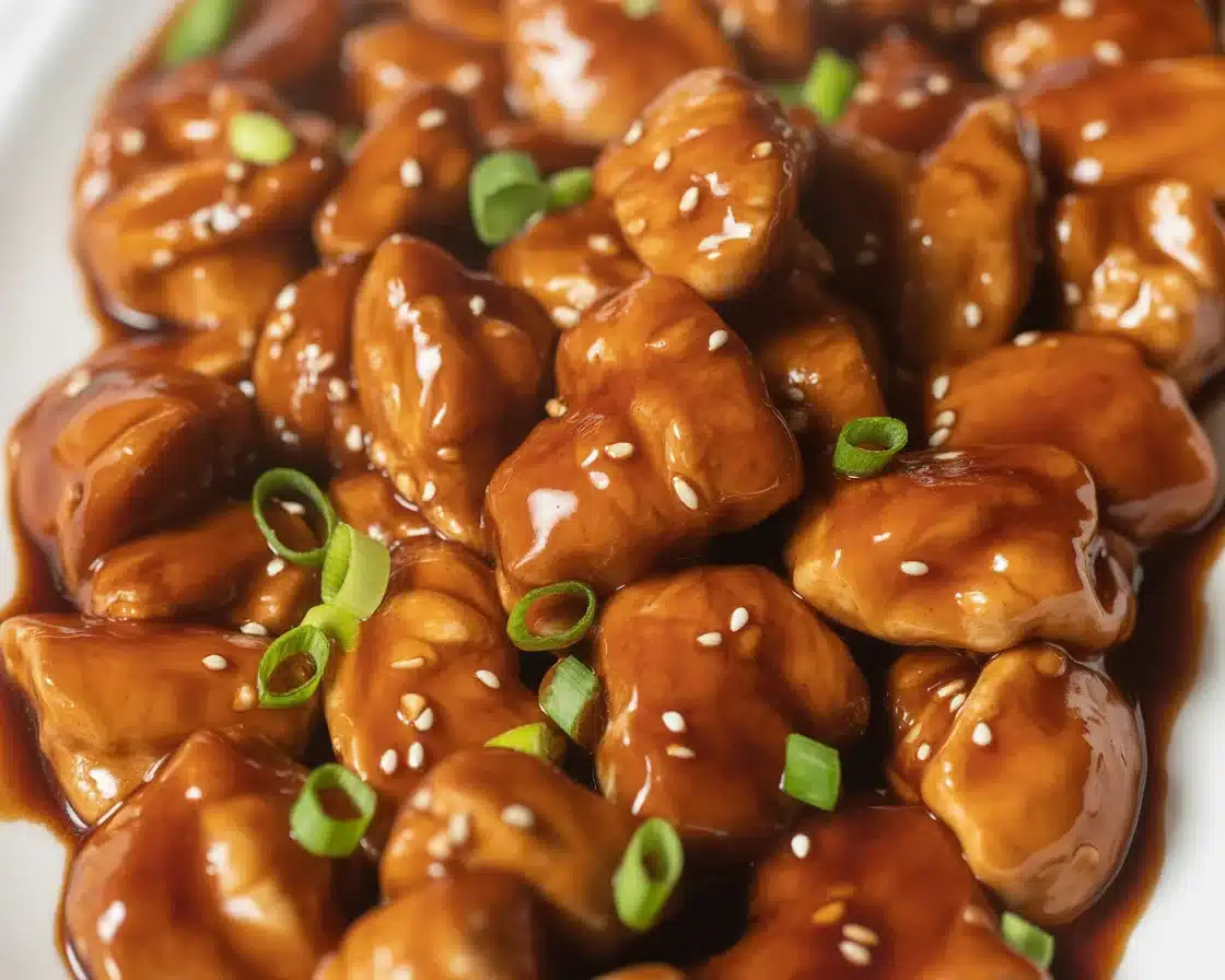 Crispy honey sesame chicken breast in sweet sesame sauce over a bed of rice.