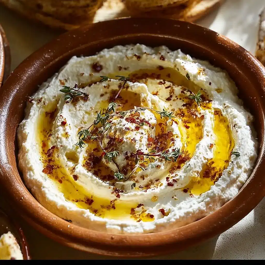 Spicy ricotta dip served in a bowl with fresh herbs and crackers on the side