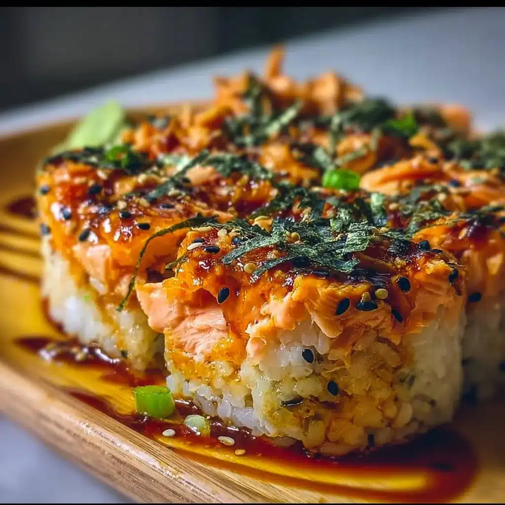 Baked Spicy Salmon Sushi dish with rice, avocado, and spicy mayo topping
