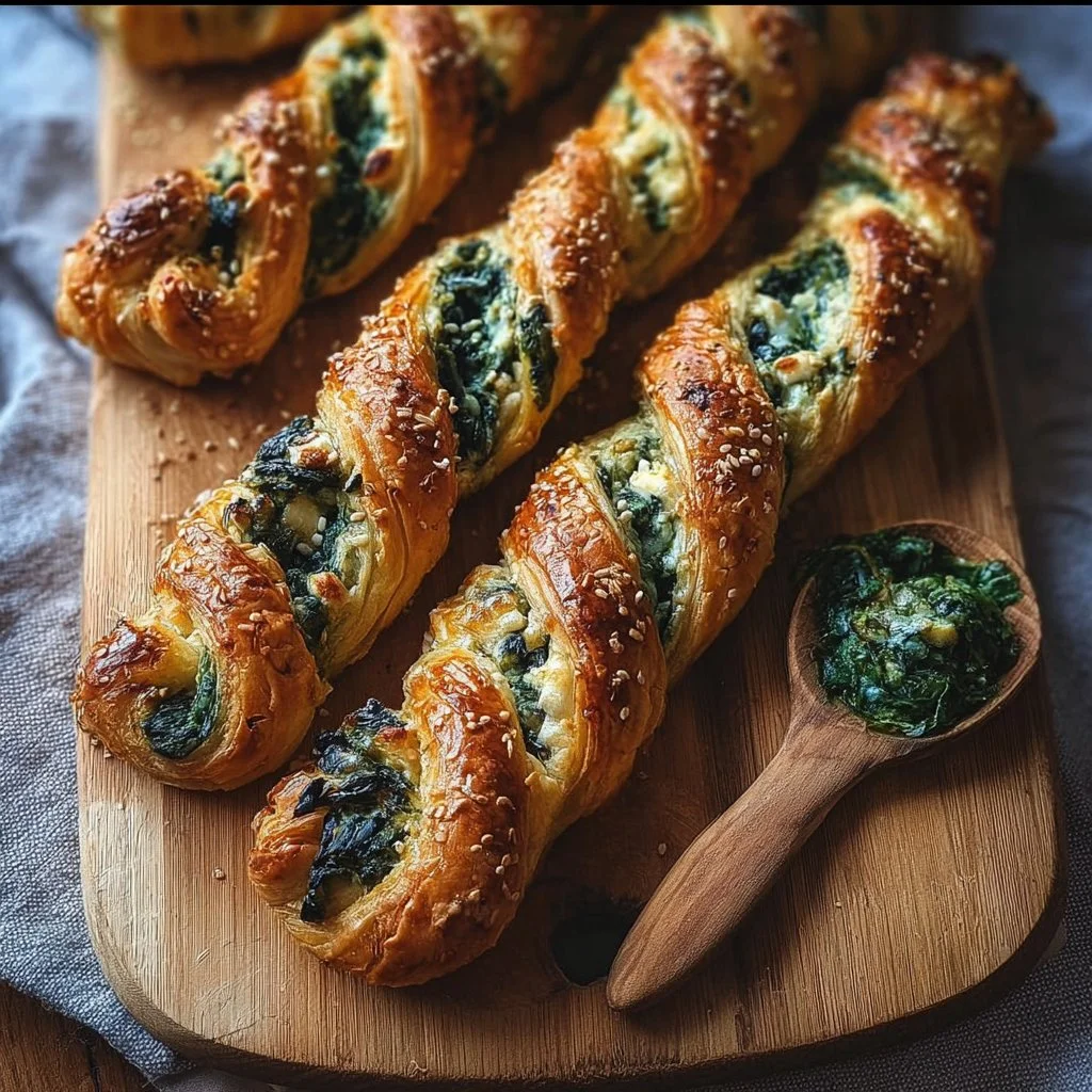 Spinach and Feta Puff Pastry Twists served on a plate