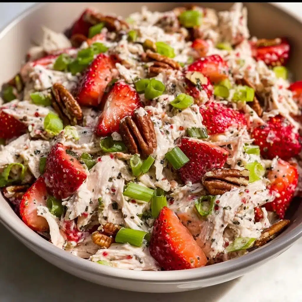 Fresh Strawberry Pecan Poppy Seed Chicken Salad in a colorful bowl