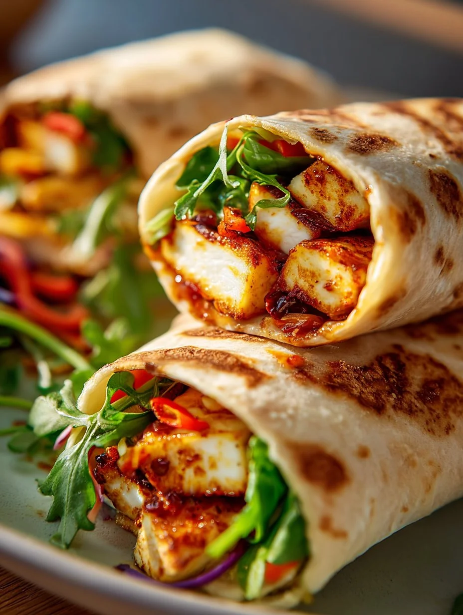 Delicious Sweet Chili Halloumi Wraps with fresh ingredients and drizzled sauce
